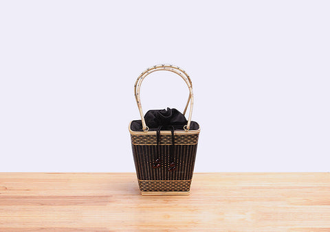 Mini Bamboo Wicker Bucket Handbag (Black)
